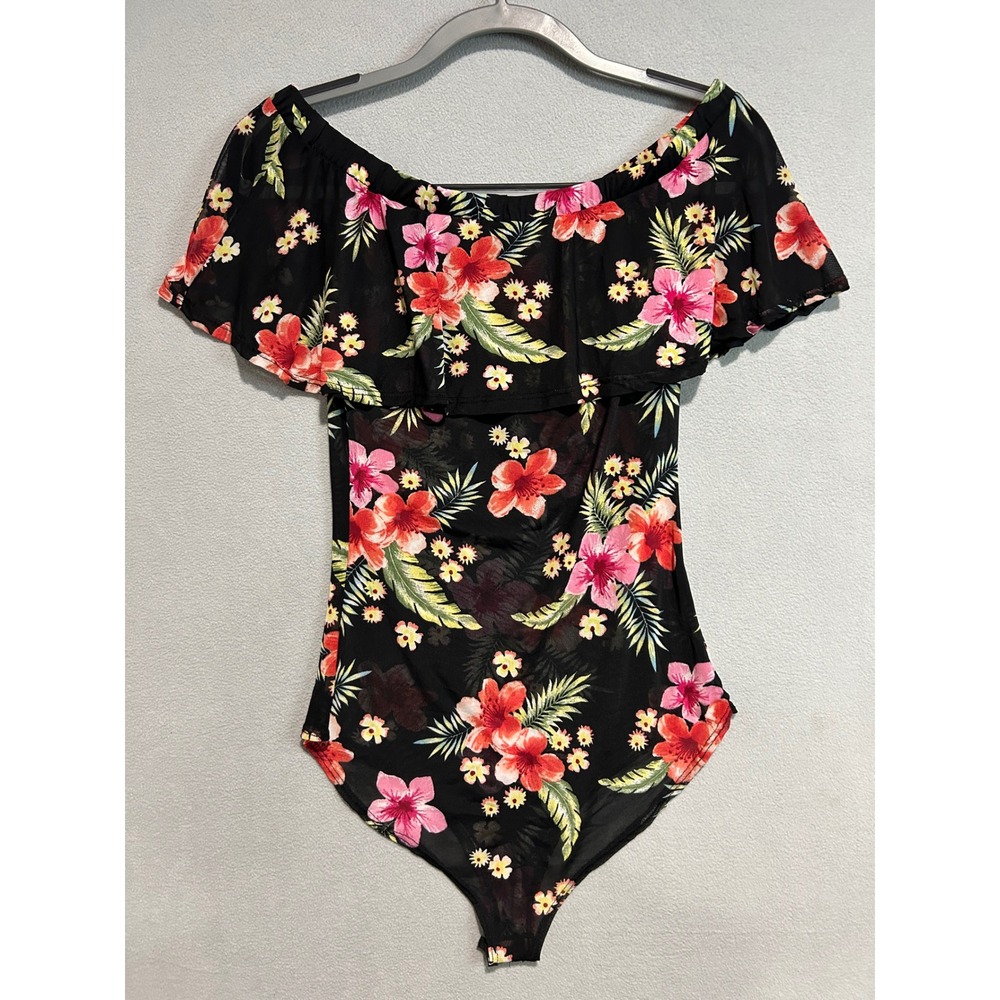 Womens Black Floral Mesh Bodysuit Large Off Shoulder‎ Ruffle Whimsigoth Vacation